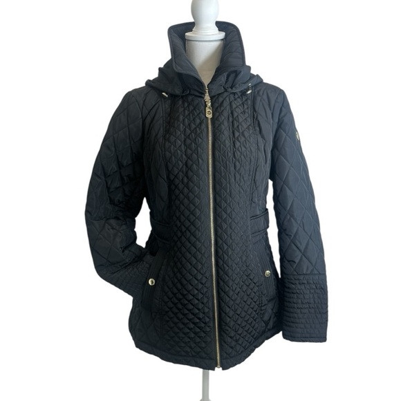 Michael Kors Black Quilted Zip-up Jacket with Removable Hood Size Large - Picture 3 of 13